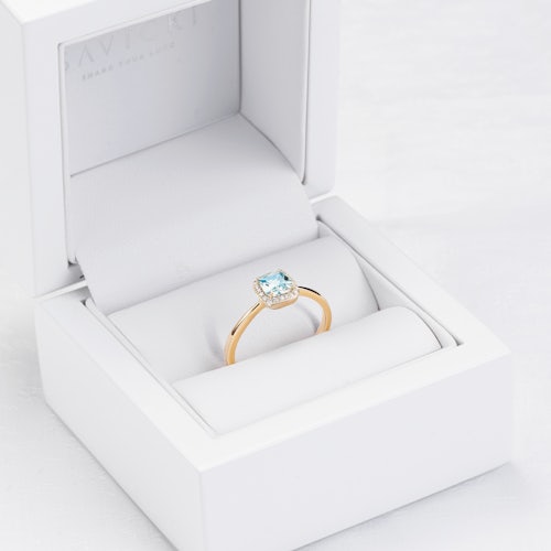 Pierścionek zaręczynowy SAVICKI: żółte złoto, akwamaryn, diamenty